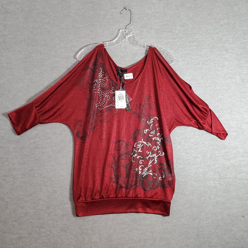 i Jeans Buffalo Women Top Small Red Blouse Rhinestones Floral Dolman NWT